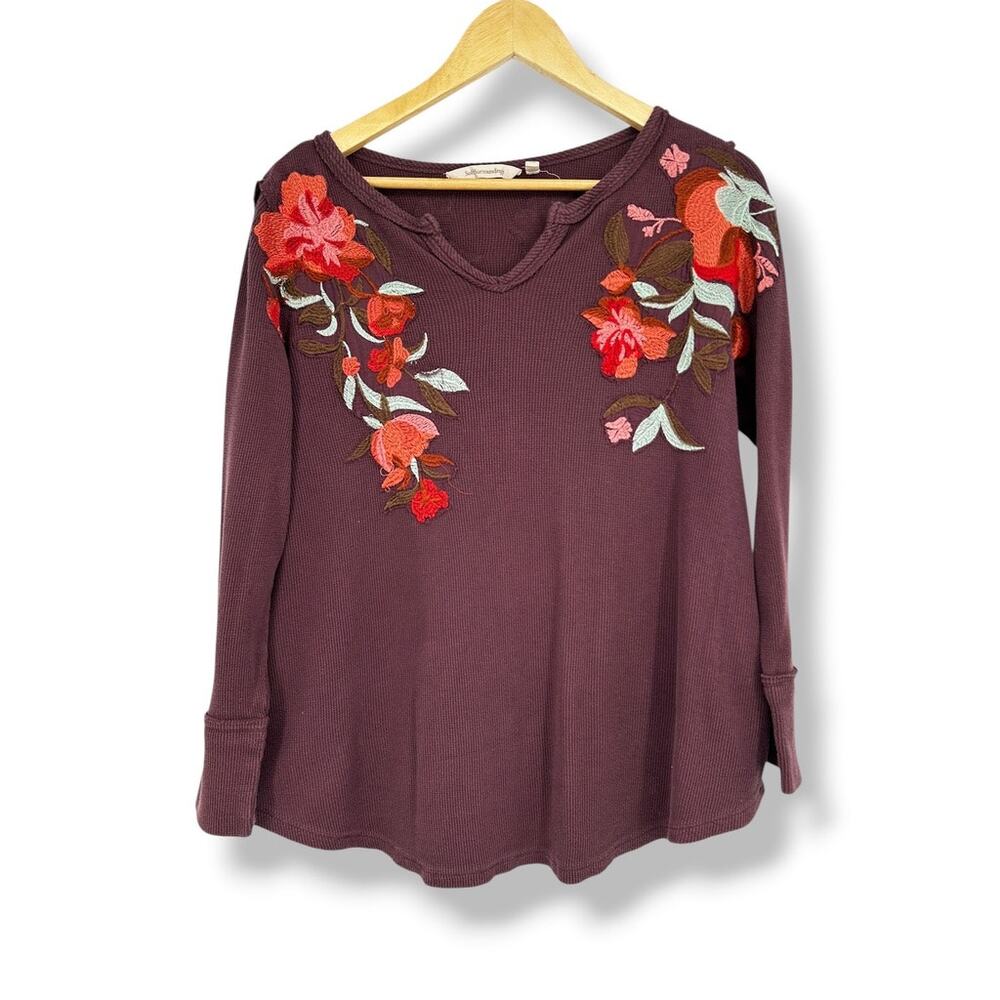 Soft Surroundings Embroidered‎ Long Sleeve Henley Waffle Knit Top Women's S